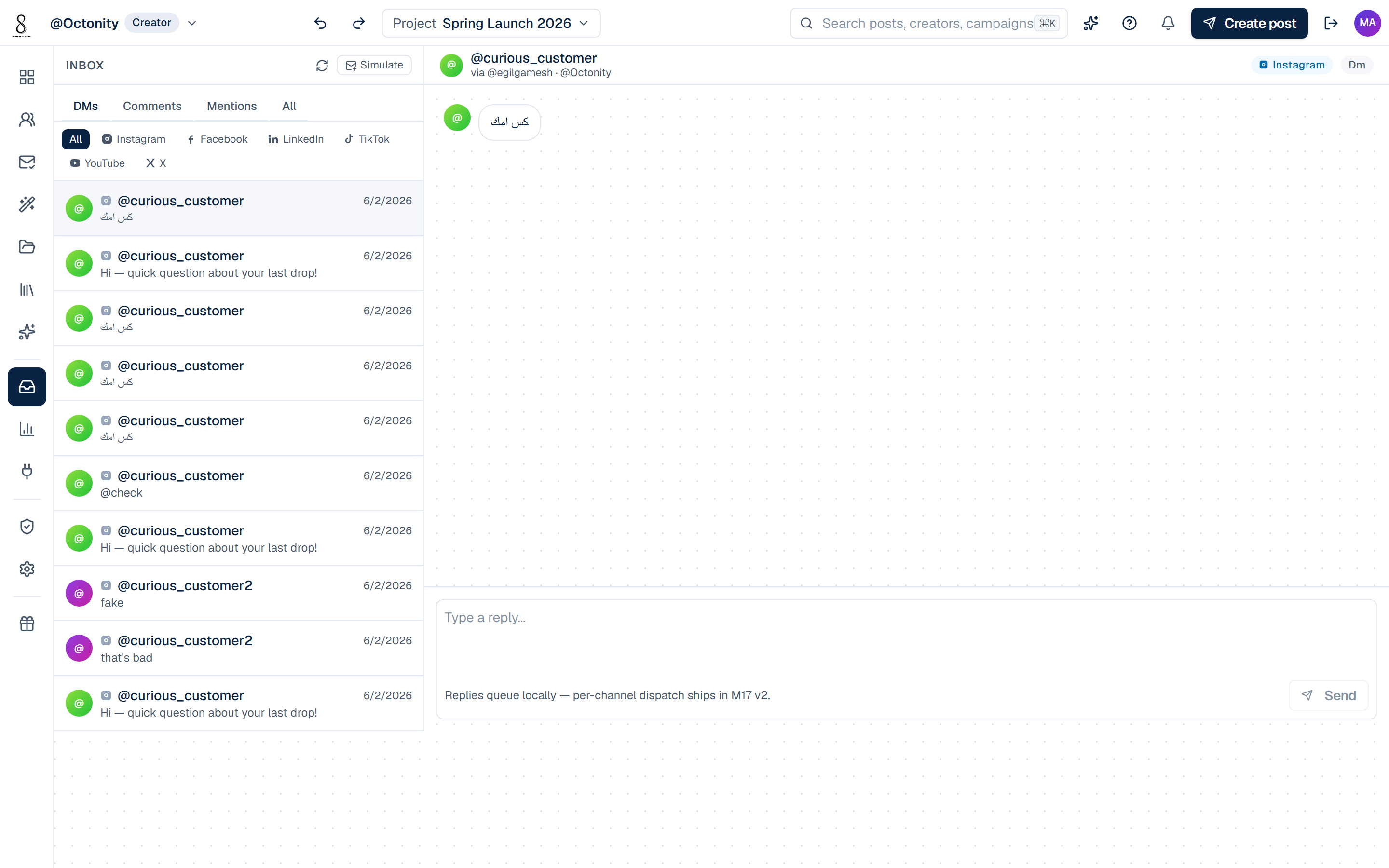 Octonity unified inbox with threads from IG, FB, TikTok, LinkedIn